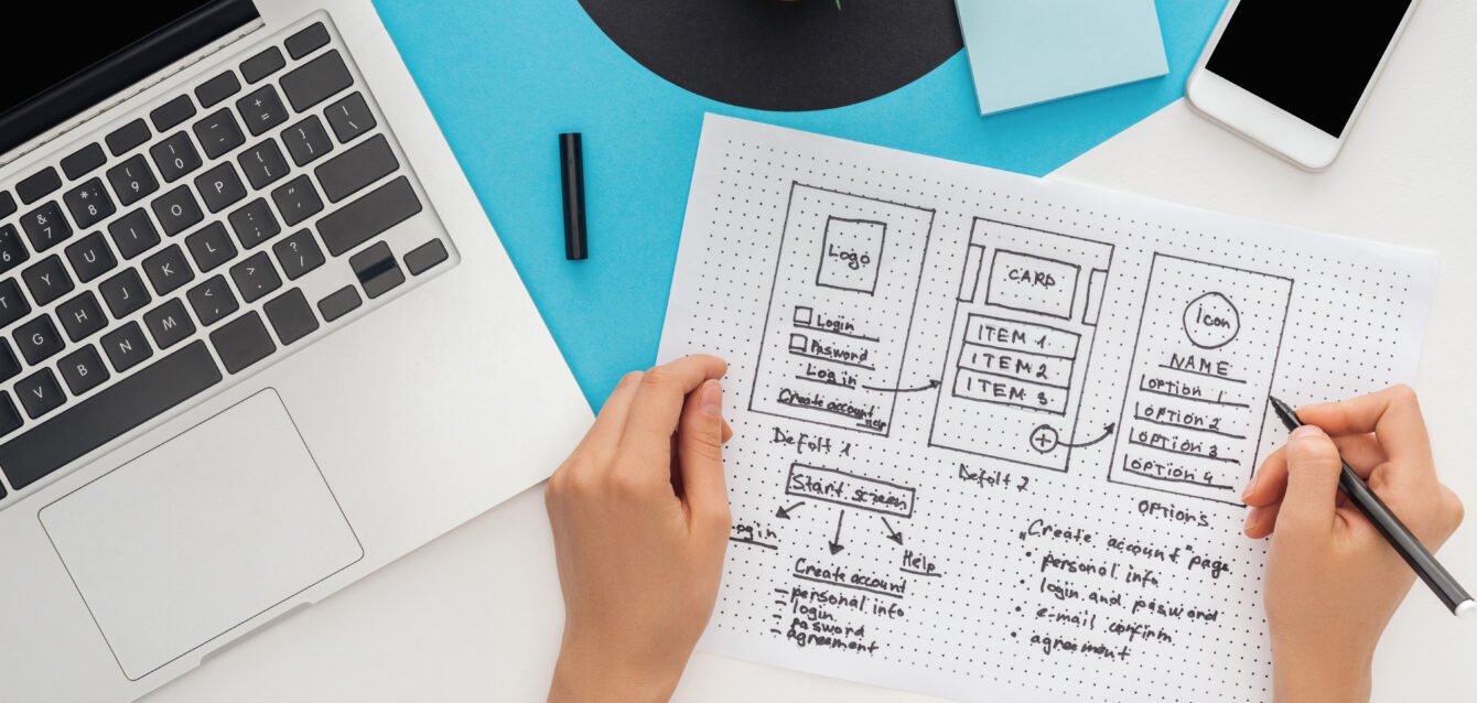 cropped view of woman holding website design template and felt-tip pen near laptop, smartphone,